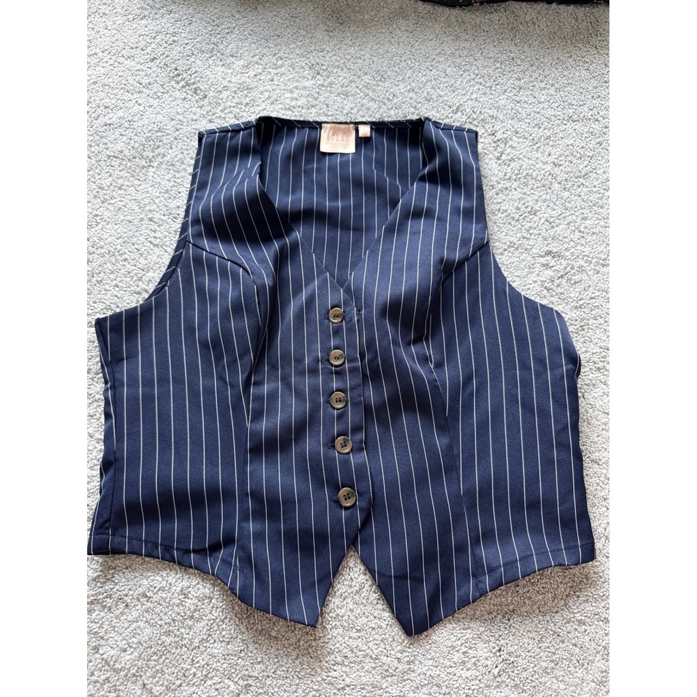 GLG Good Luck Gem Navy Pinstripe Button Front Waistcoat Vest Large Dress Casual